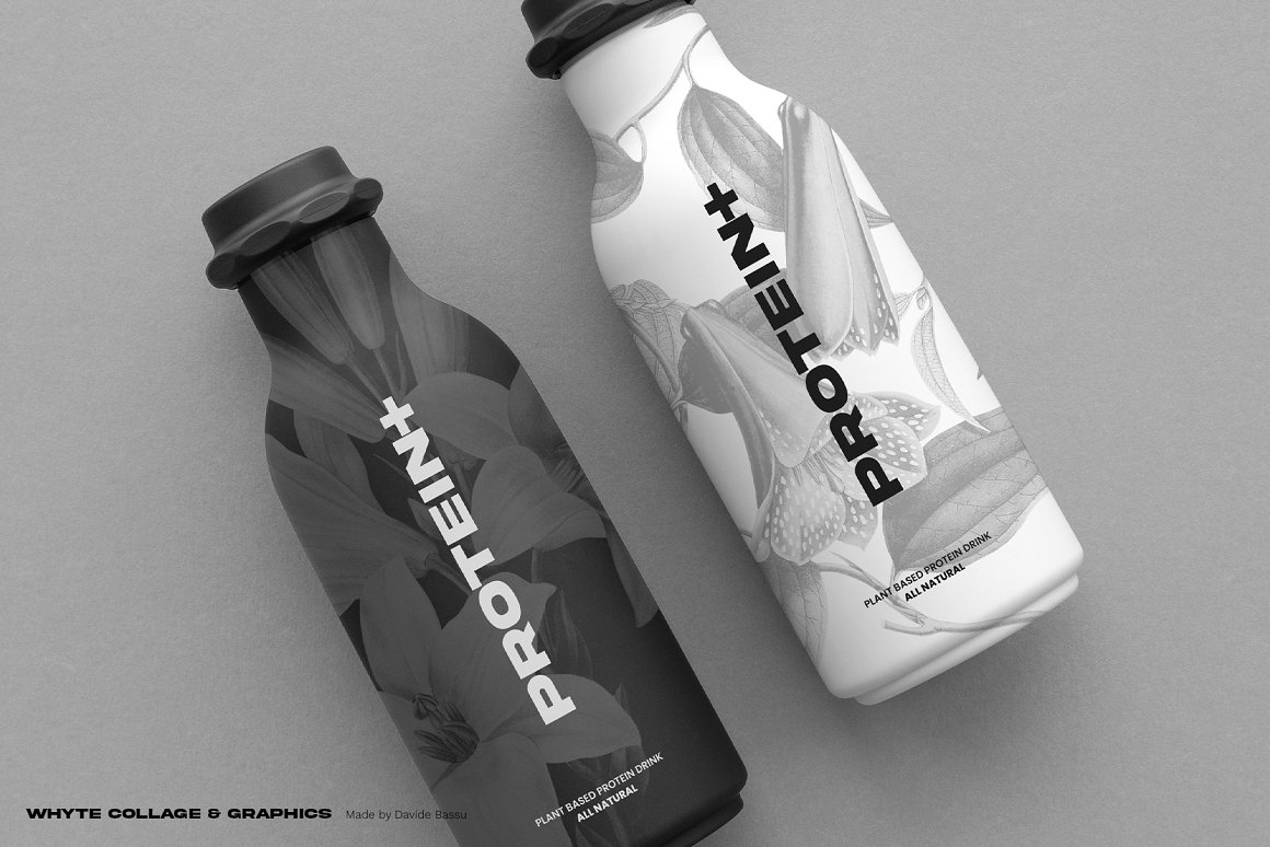 White and dark gray bottle with lettering "Protein+" on a gray background.