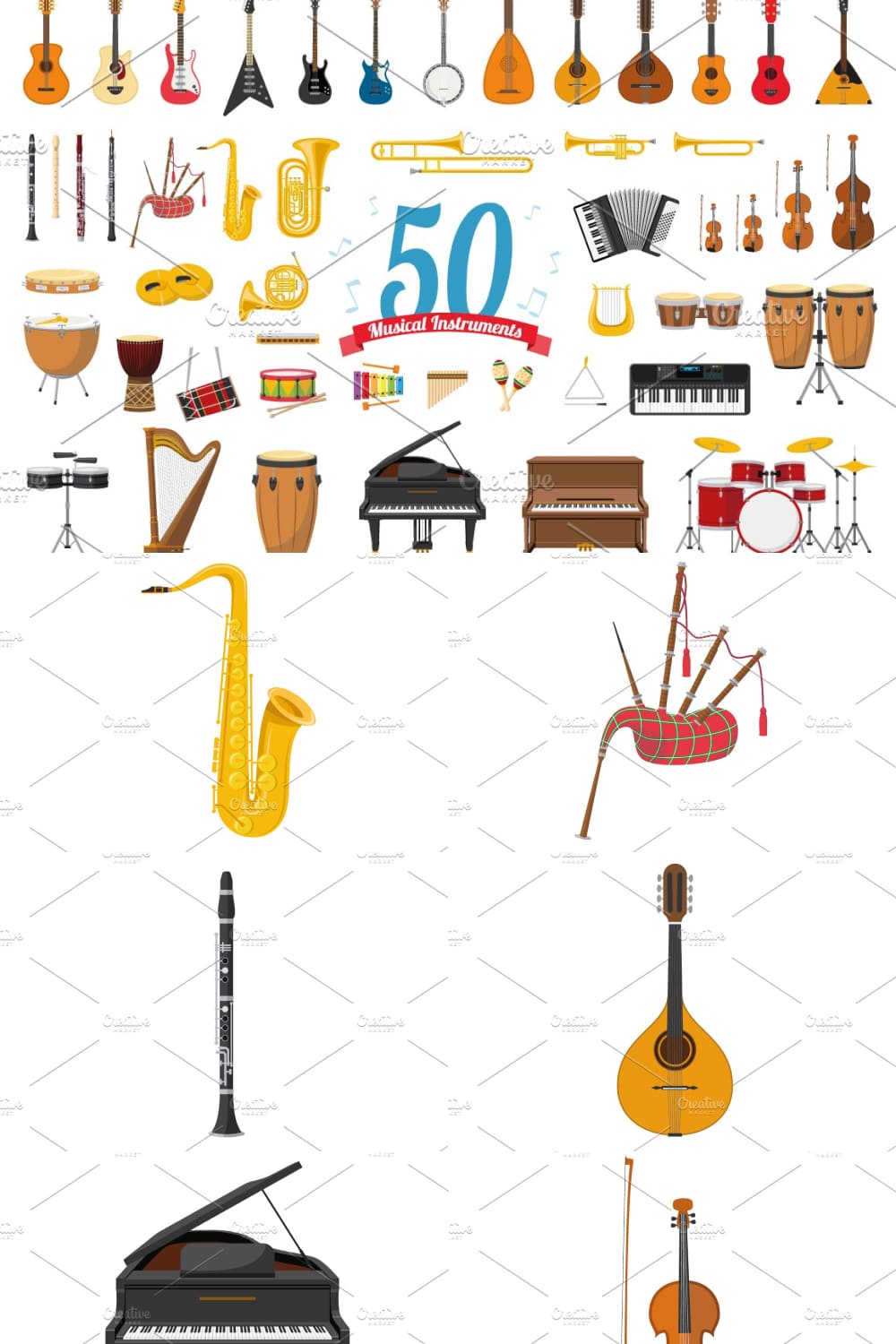 Pack of adorable cartoon images of musical instruments.