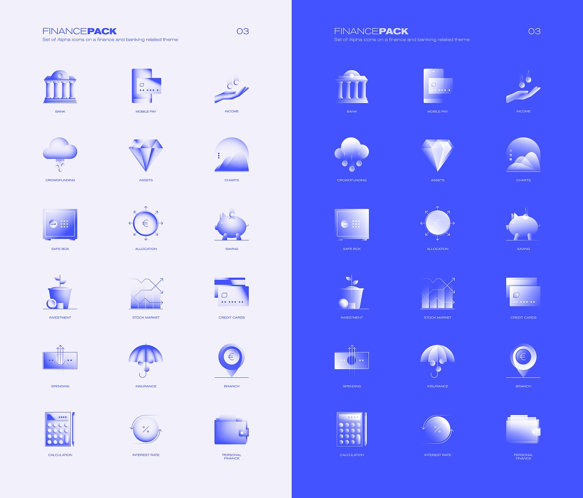 Finance bundle of 36 gradient icons on a blue and gray background.