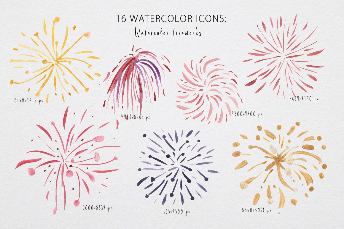 7 different watercolor firecracker on a gray background.