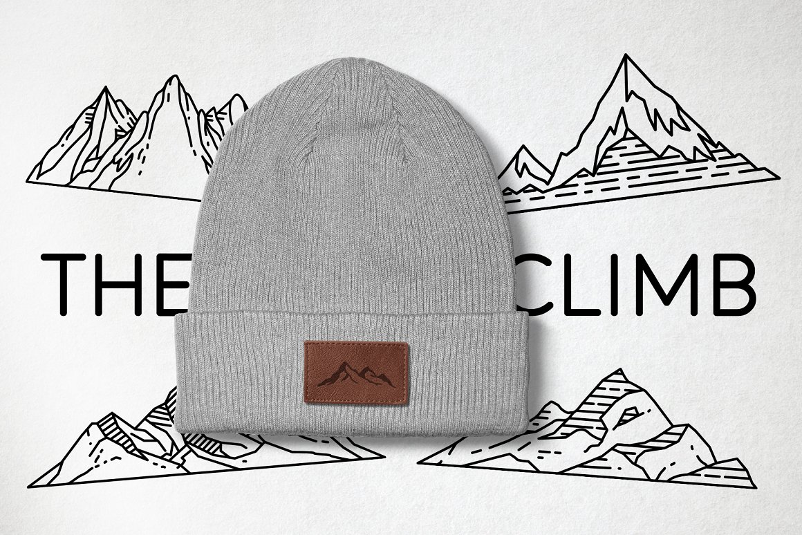 Gray cap with brown label of mountain logo on the background with mountain line icons.