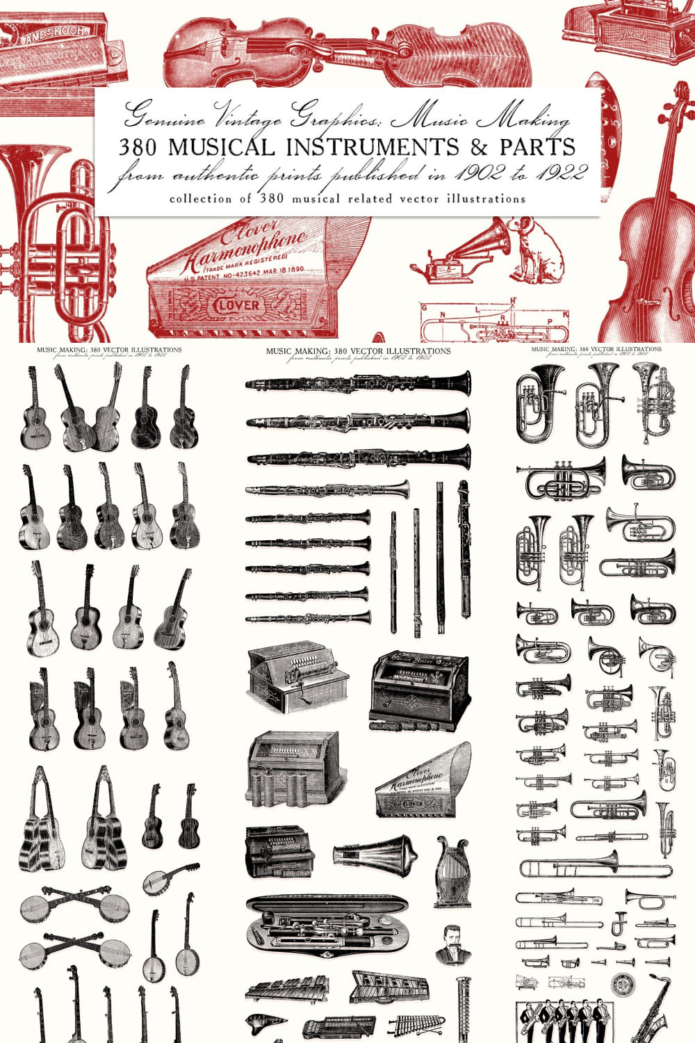 Pack of elegant images of vintage musical instruments.