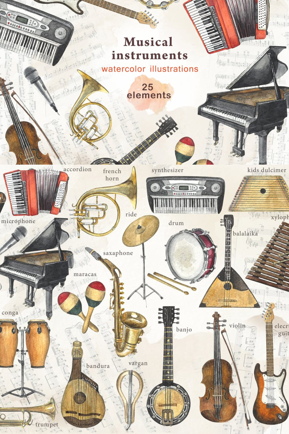 Set of irresistible watercolor images of musical instruments.