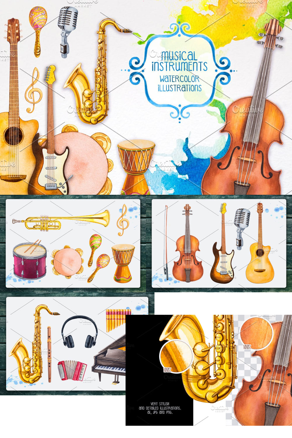 A selection of charming watercolor images of musical instruments.