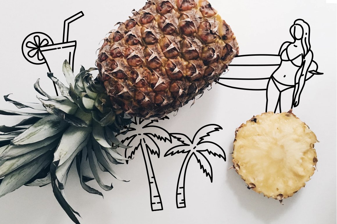 Pineapple and 3 black travel icons on a gray background.