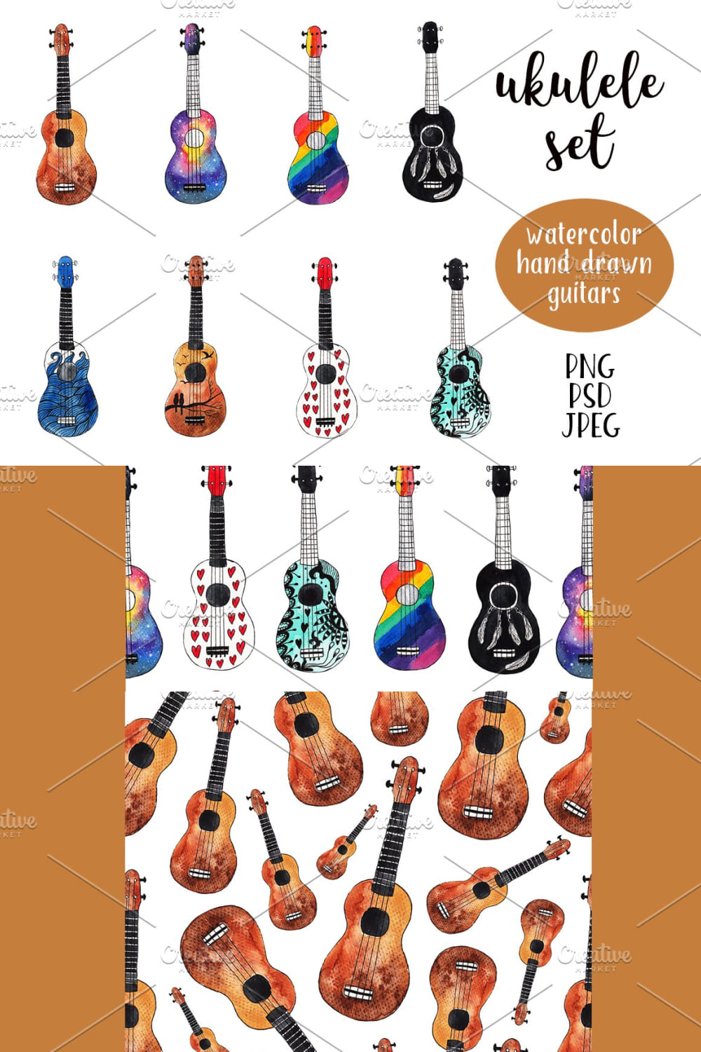 Collection of beautiful watercolor images of ukulele.