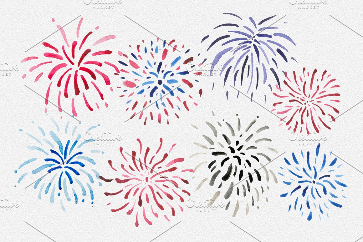 8 different colorful illustrations of fireworks on a gray background.