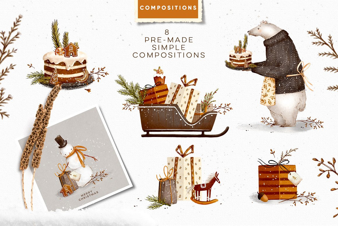 8 pre-made simple celebration compositions on a gray background,