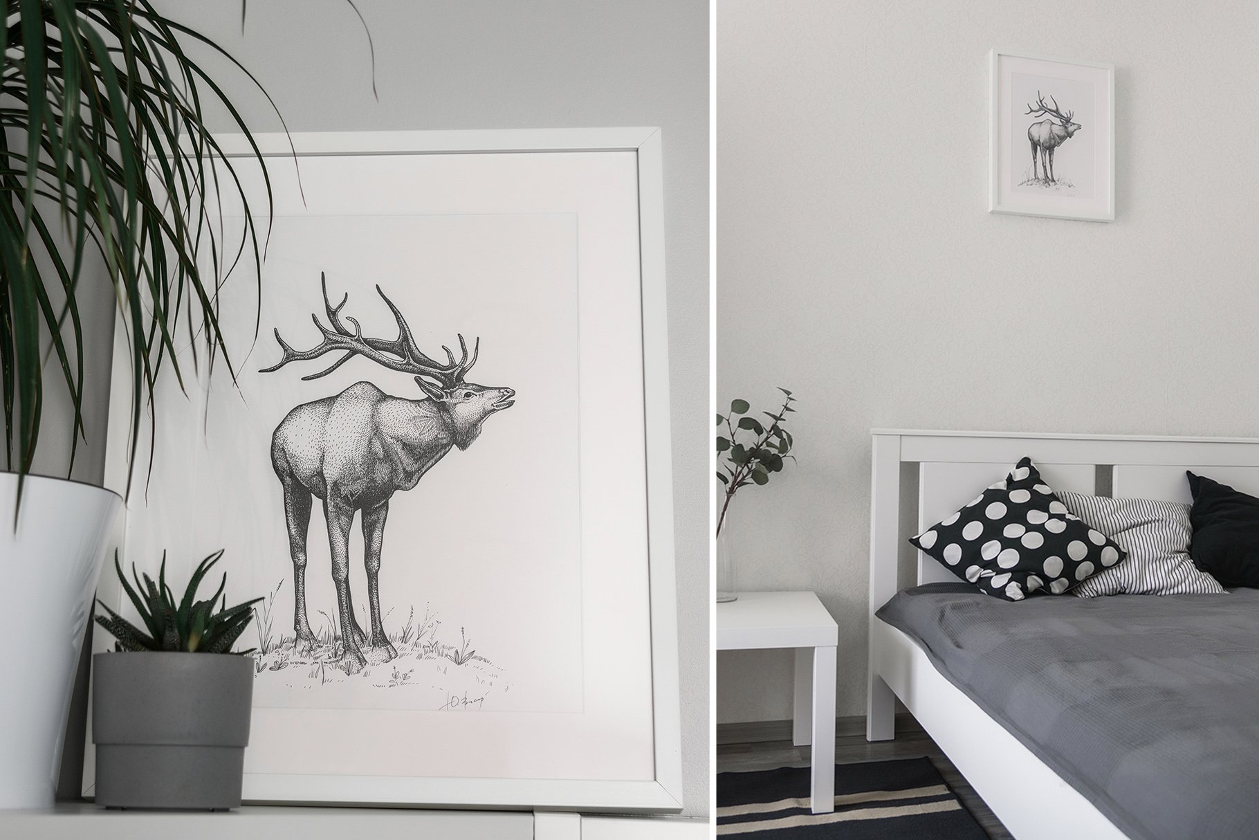 White poster with hand drawn deer.