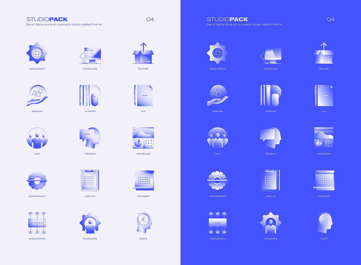 Studio pack of 15 alpha icons on a gray background and 15 alpha icons on a blue background.