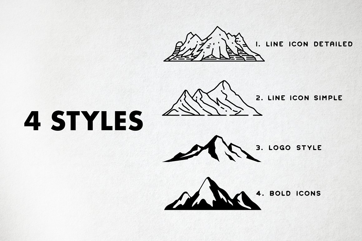 4 different mountain icons in 4 different styles on a gray background.