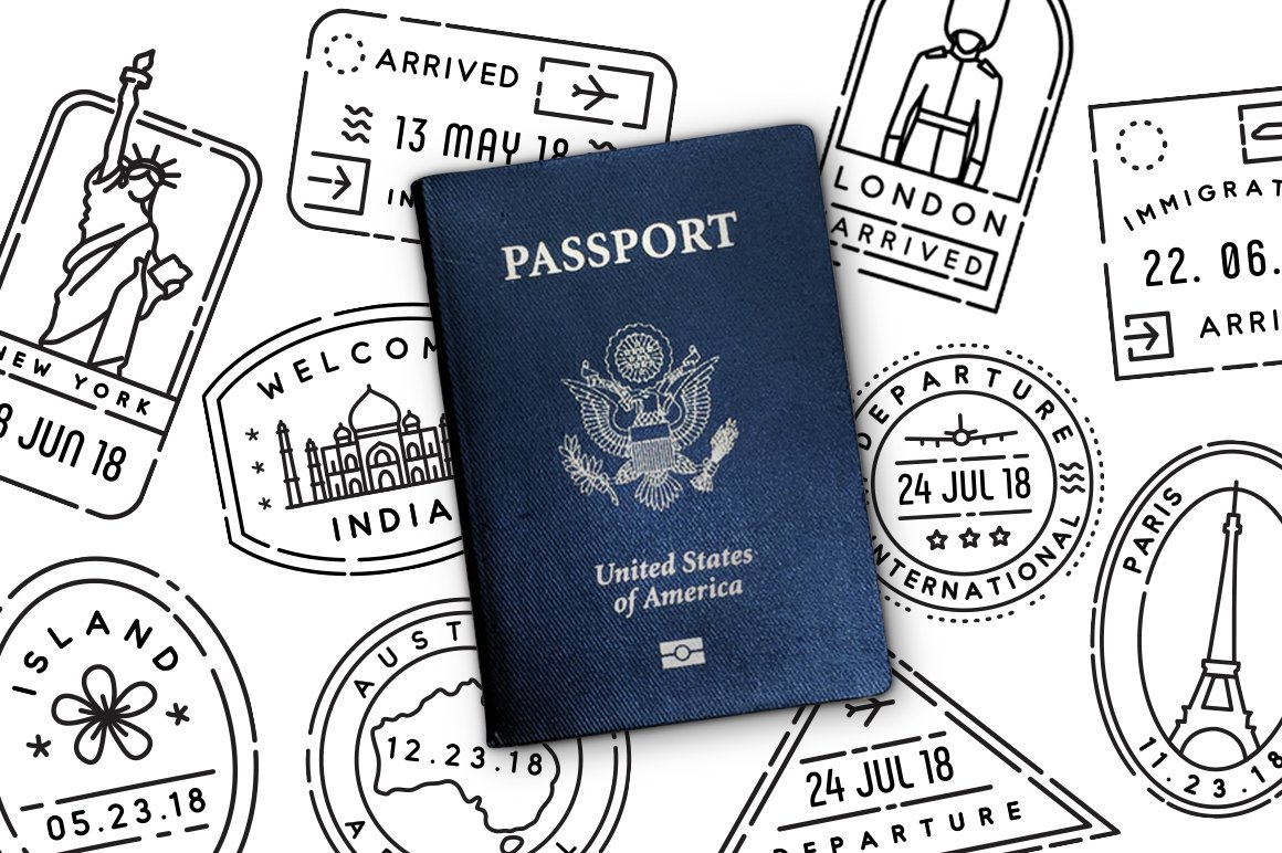 Passport on a white background with different black icons.