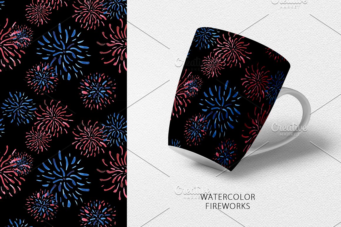 Black cup with pattern of fireworks and the same pattern on a black background.