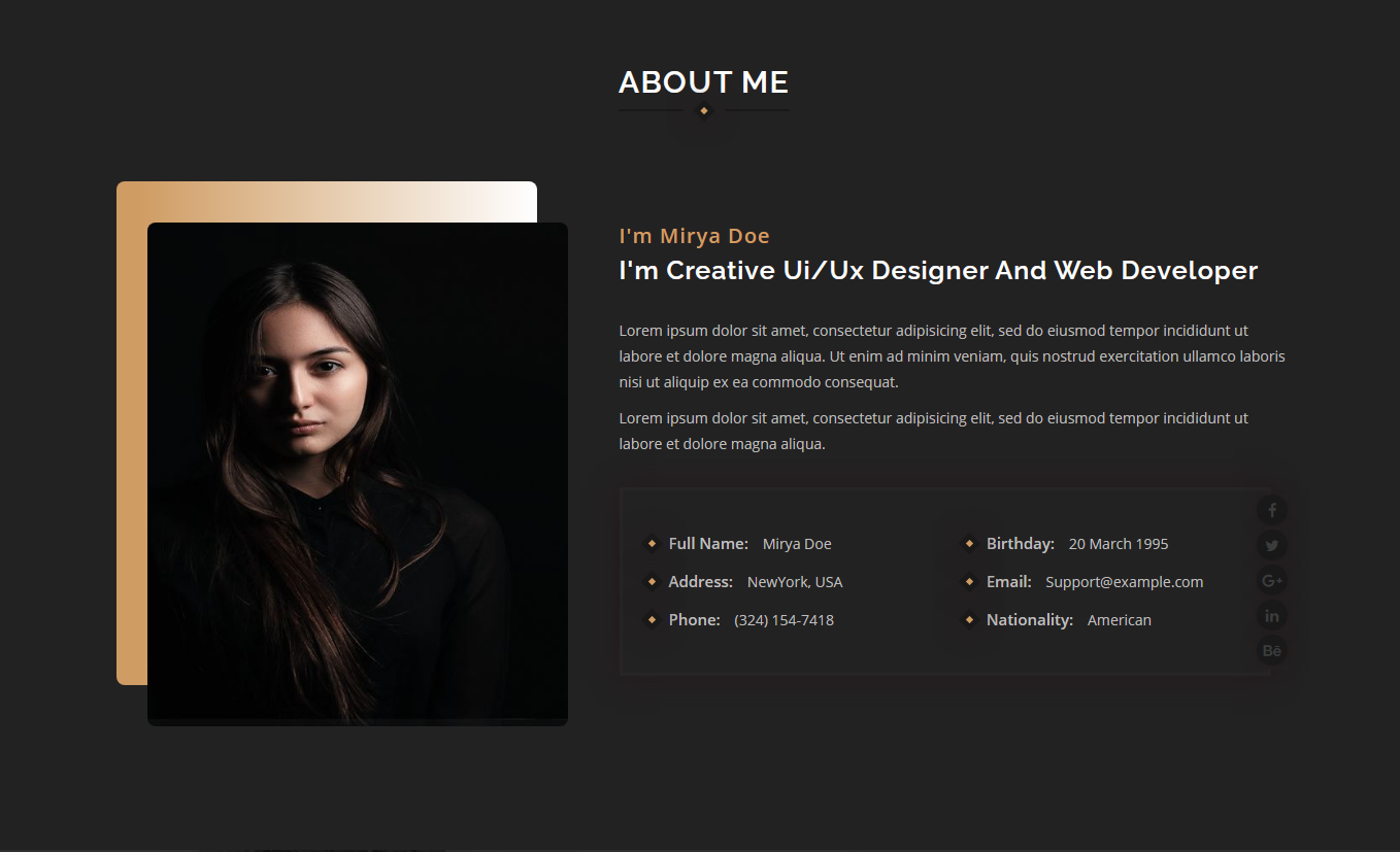 Presentation template with a description about me and your photo.