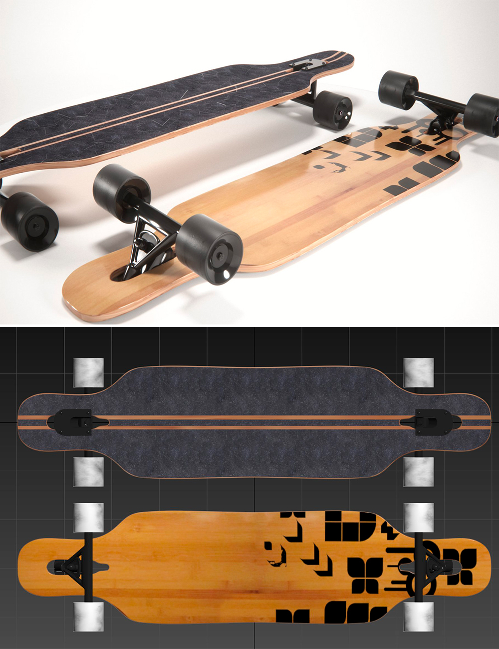 Rendering of an adorable 3d model of a longboard