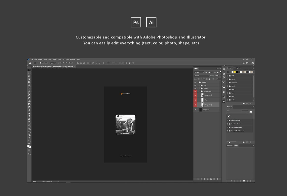 An example of project in Photoshop of Instagram template on a dark gray background.