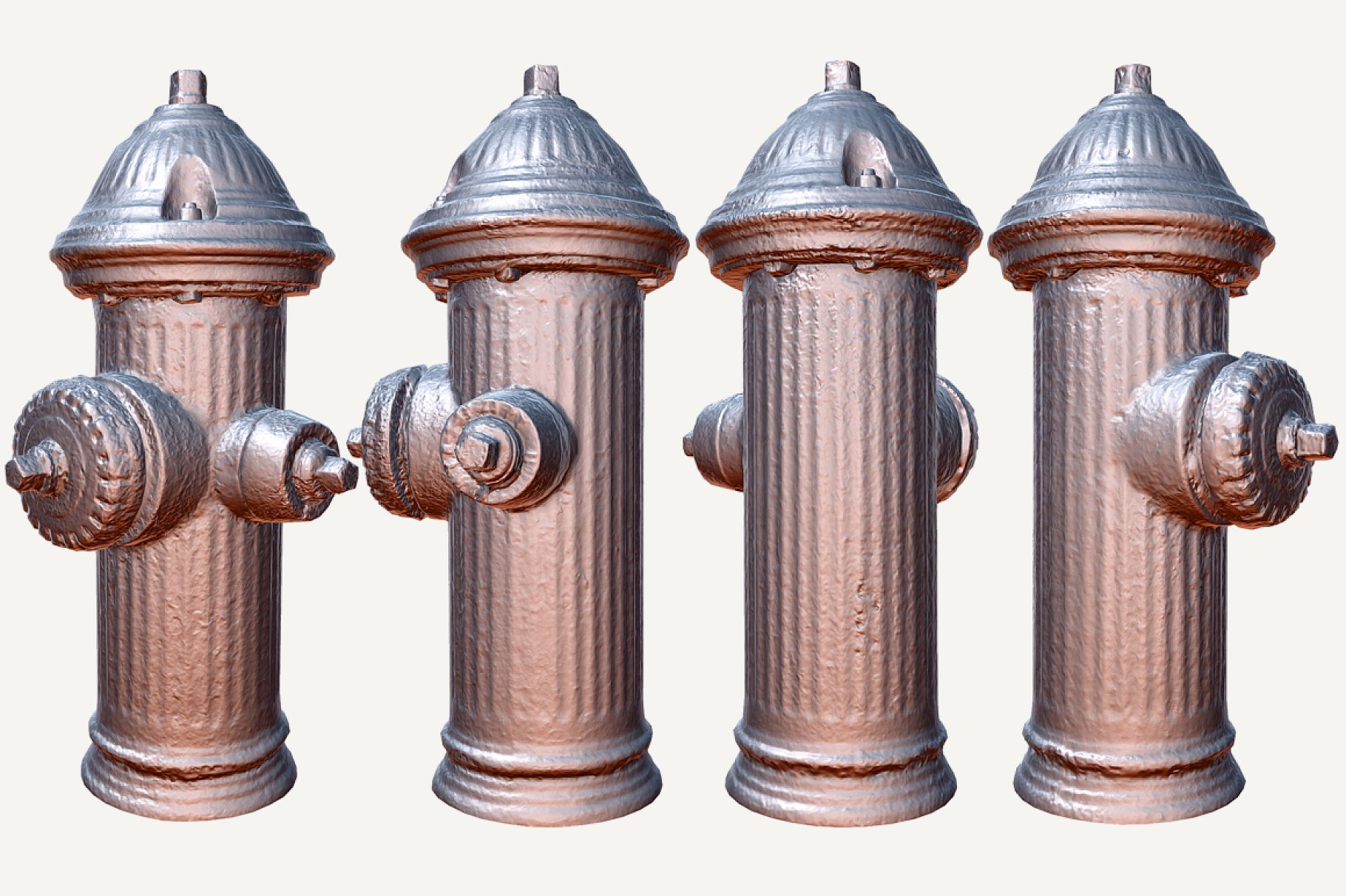 4 silver fire hydrant mockups on a gray background.