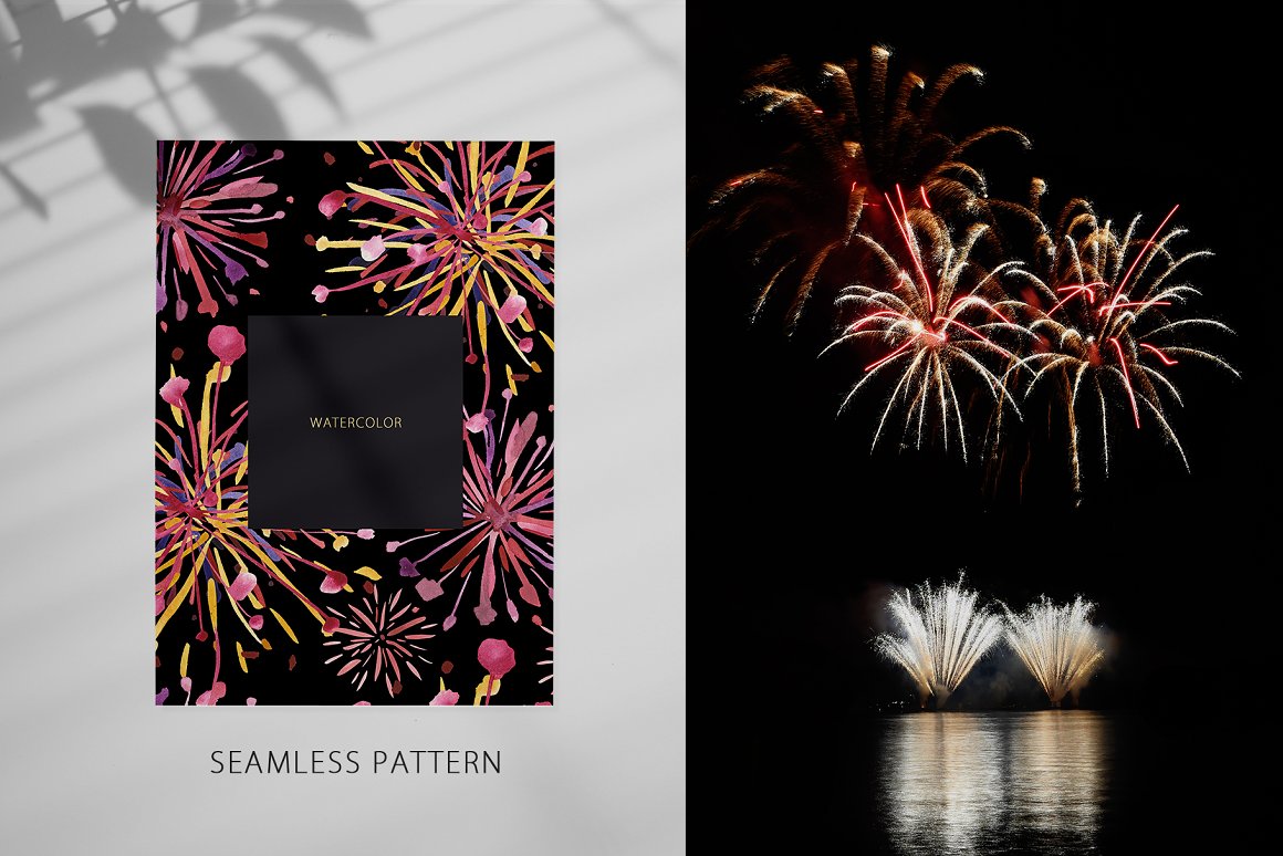 Black card with pattern of fireworks and picture of fireworks.