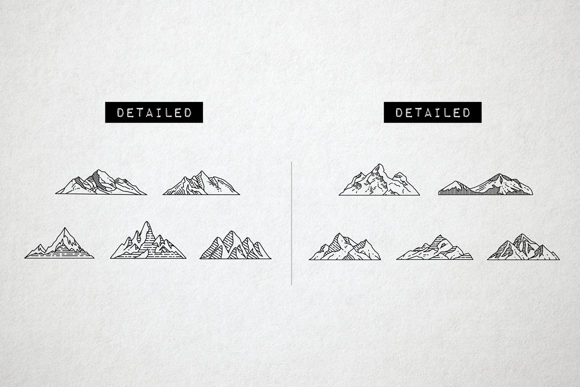 Line pack of 10 detailed mountain icons on a gray background.