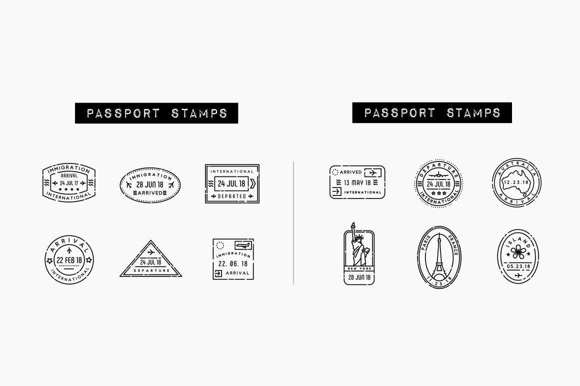 A set of 12 different black passport stamps icons on a gray background.