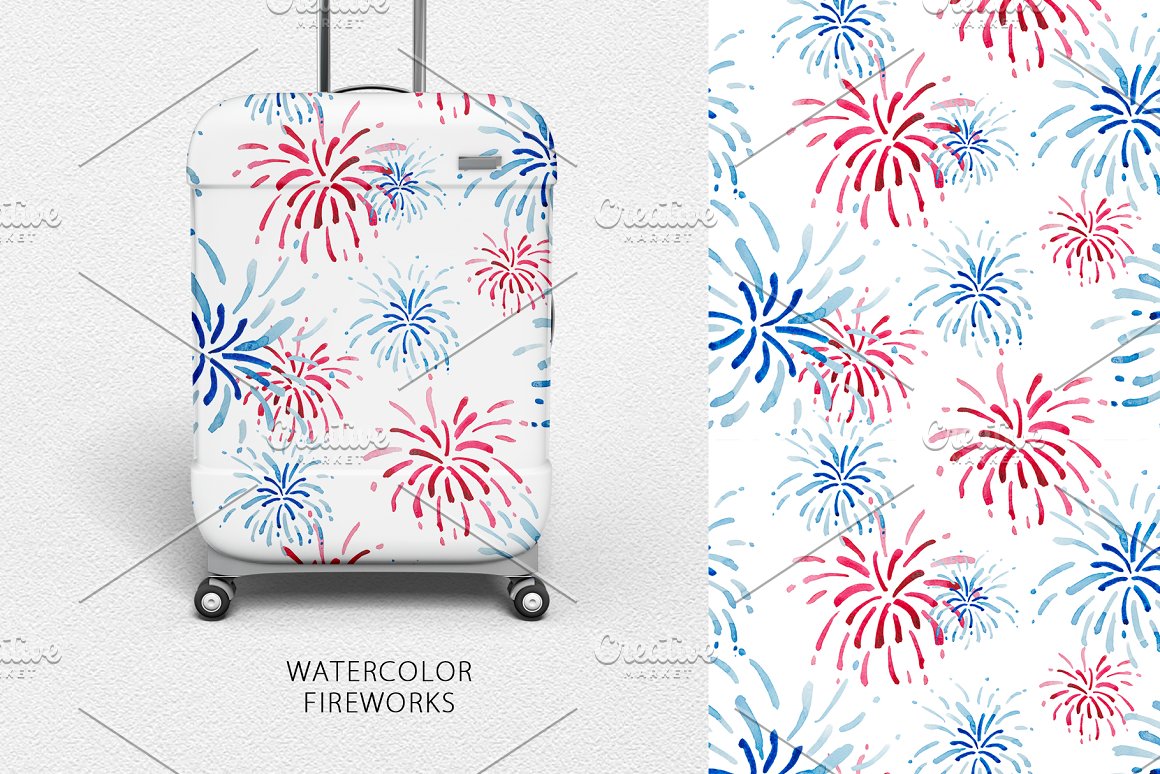 White suitcase with pattern of fireworks and the same pattern on a white background.