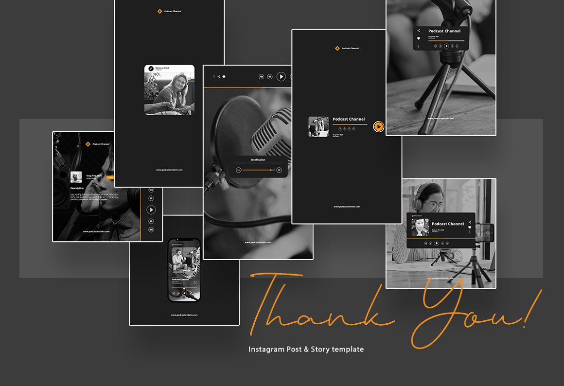Orange lettering "Thank you!" and different templates on a dark gray background.