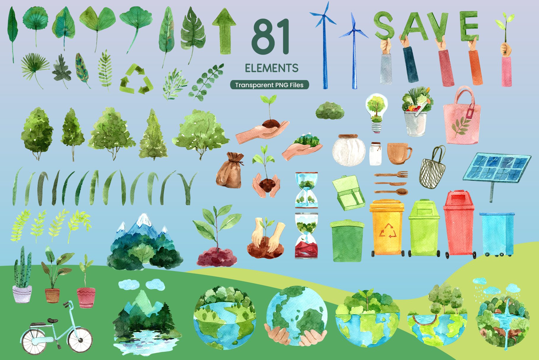 Some separate green elements to create a full save the Earth illustration.