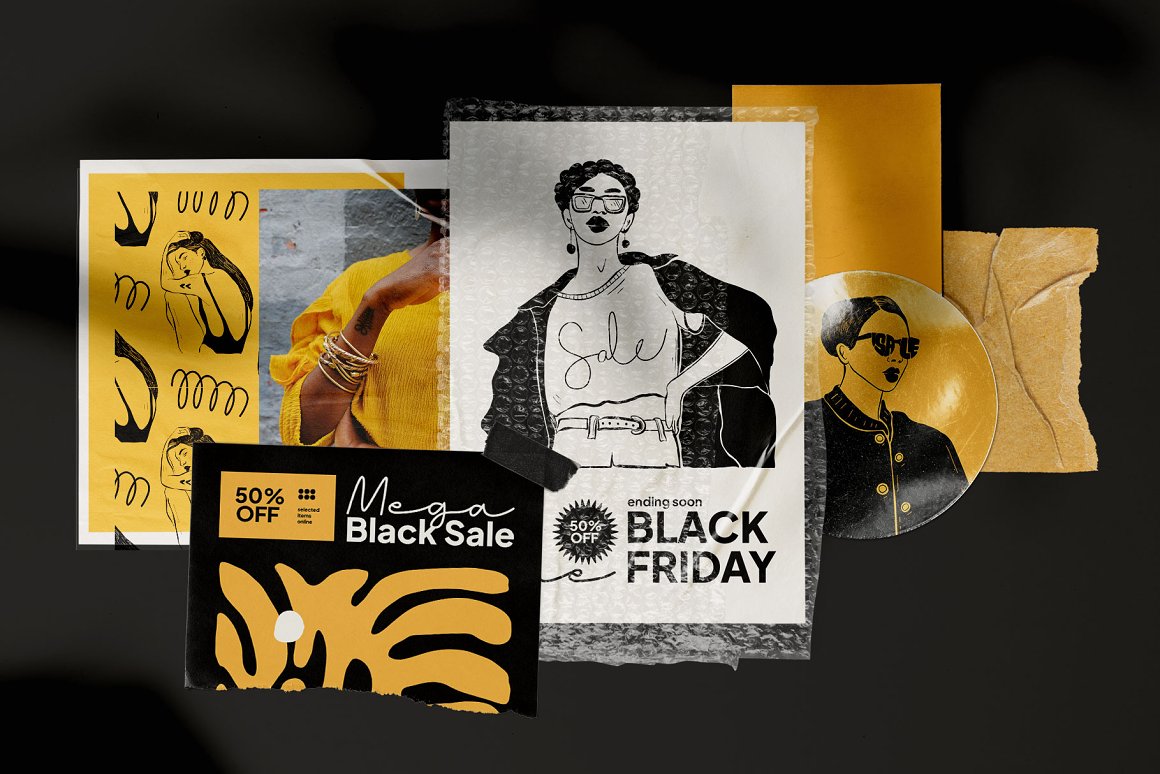 Sticker pack of black friday theme on a black background.