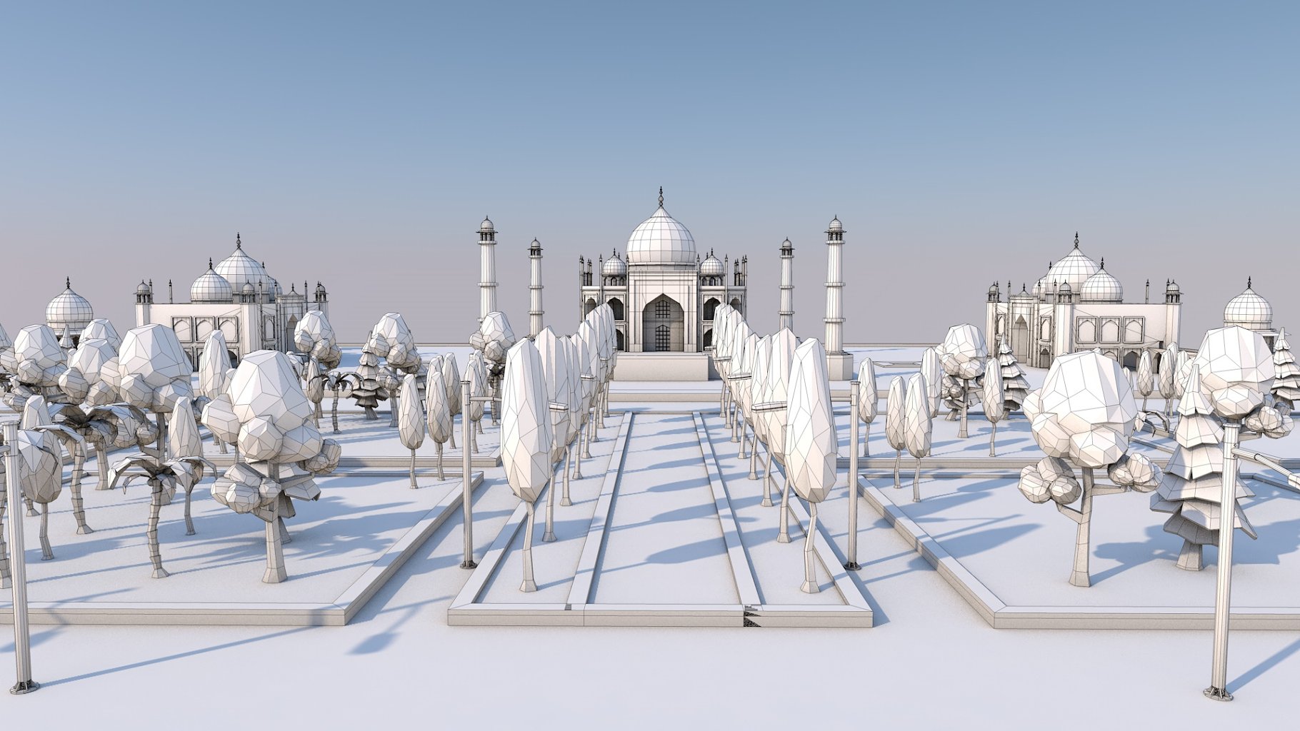 Low poly taj mahal landmark graphic gray front mockup.