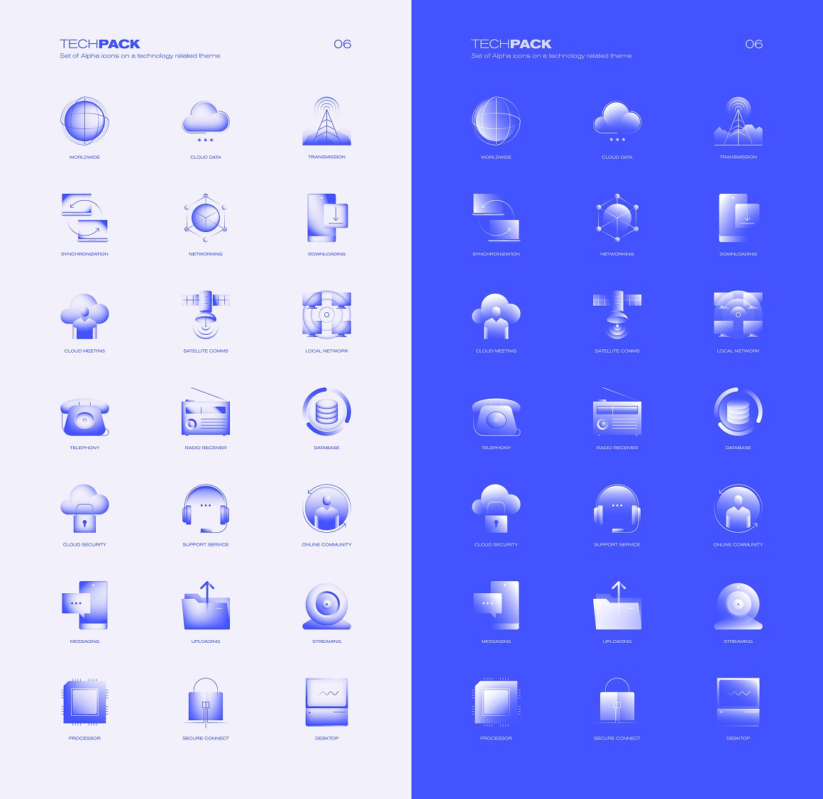 Tech kit of 42 different alpha icons on a gray background and blue background.