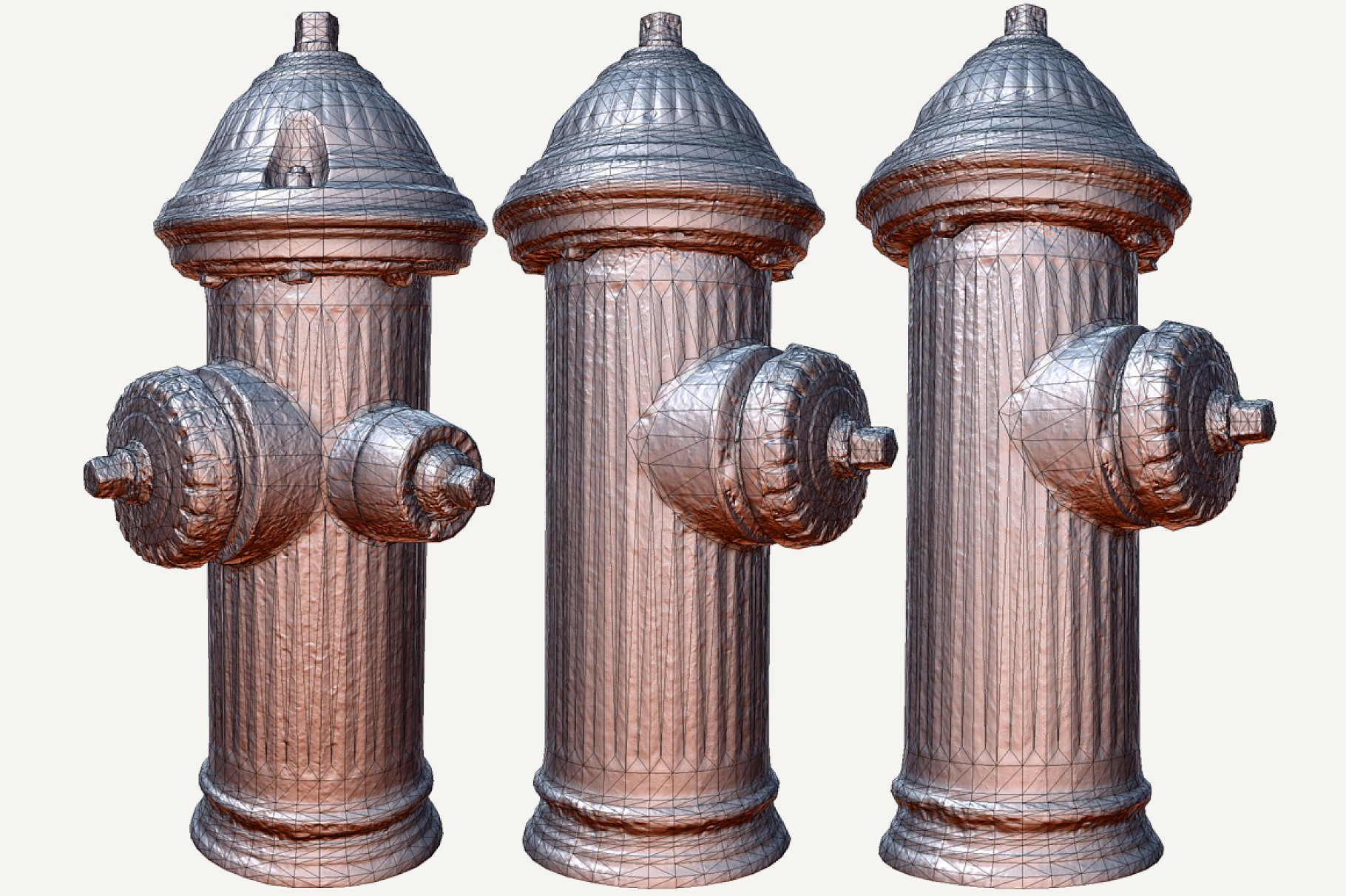 3 3d models of fire hydrant in different sides.