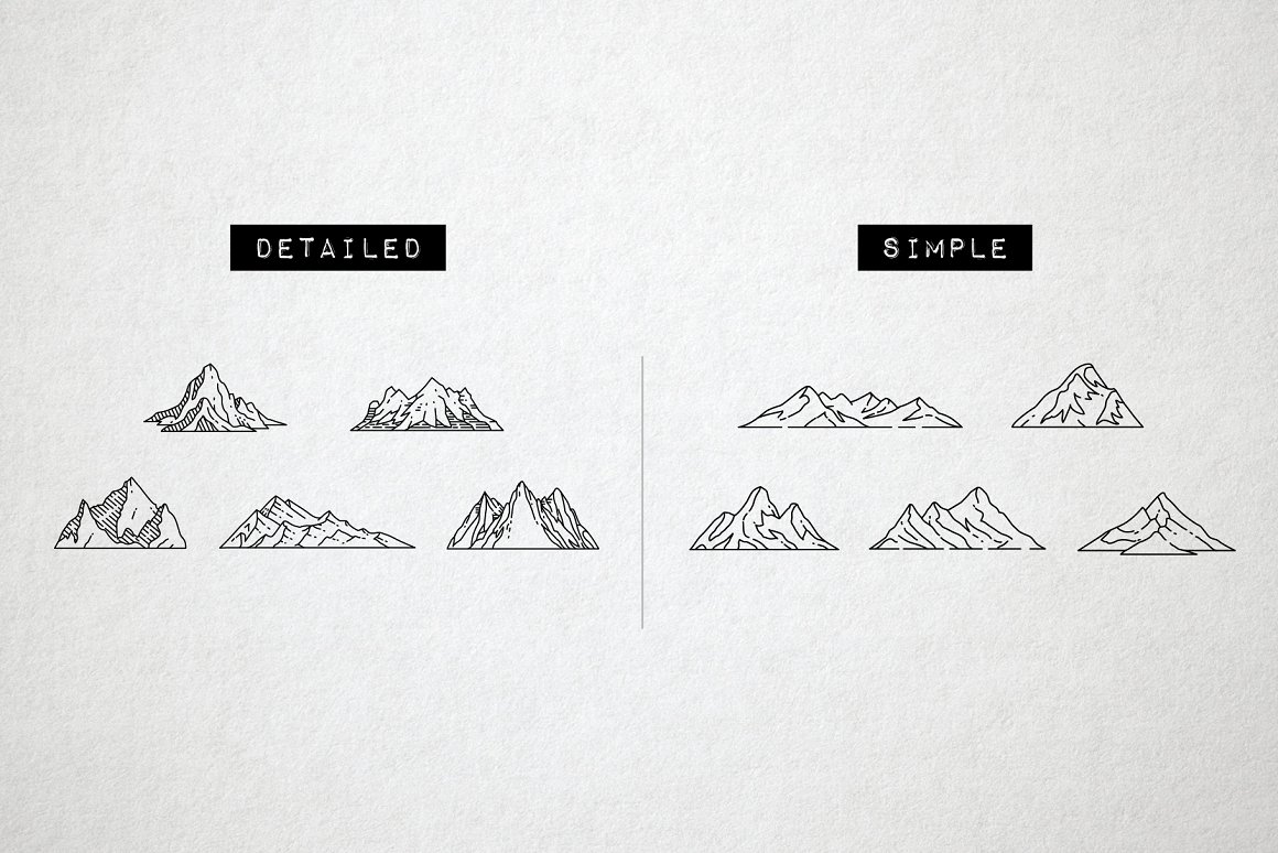 A set of 5 detailed mountain icons and 5 simple mountain icons on a gray background.