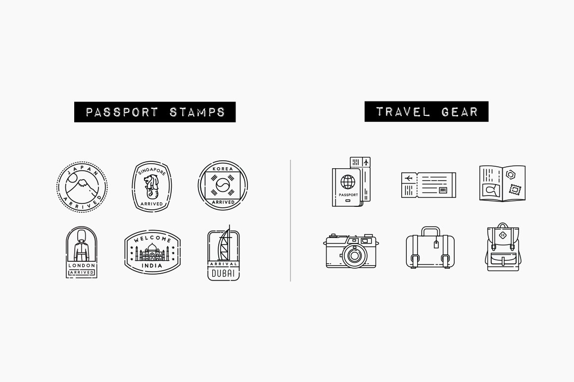 6 black passport stamps icons and 6 black travel gear icons on a gray background.
