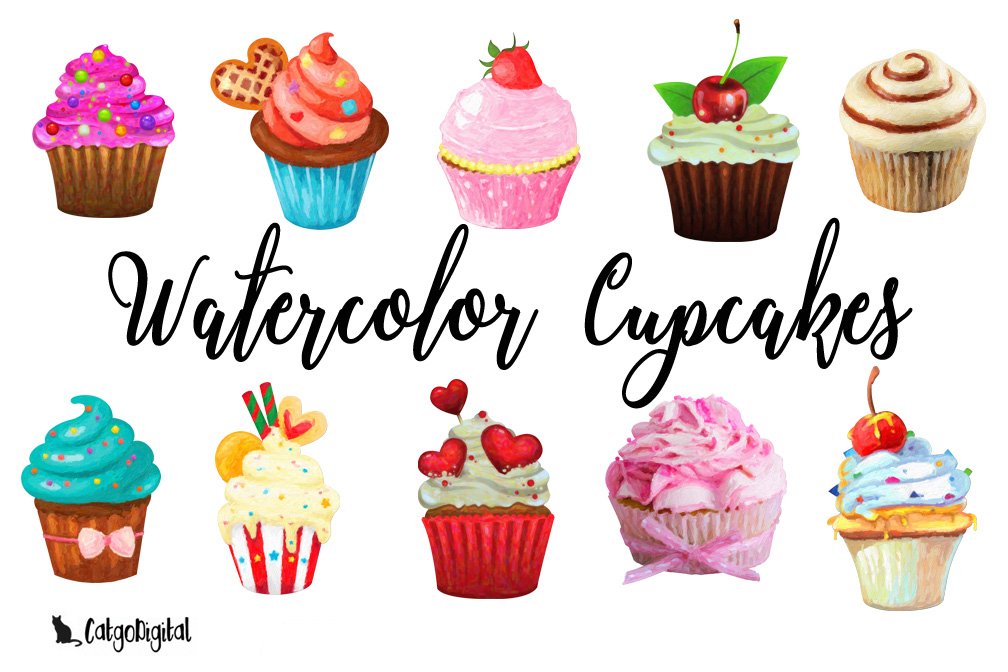 Watercolor Cupcakes Clipart.