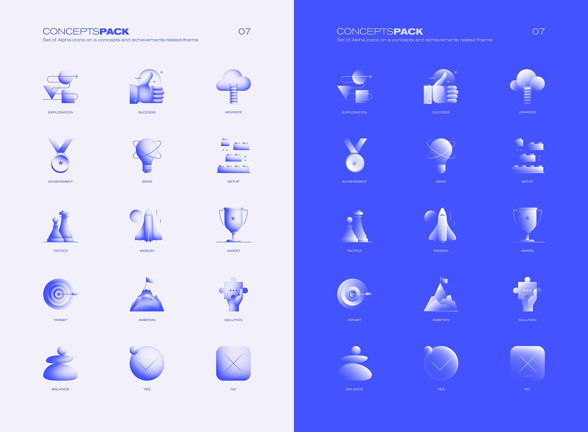 Concepts set of 30 different icons on a gray and blue background.