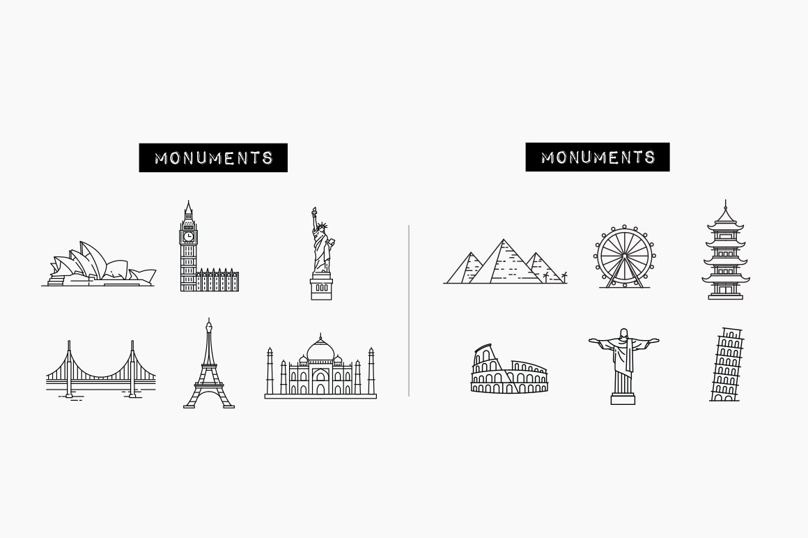 Black kit of 12 different monuments icons on a gray background.