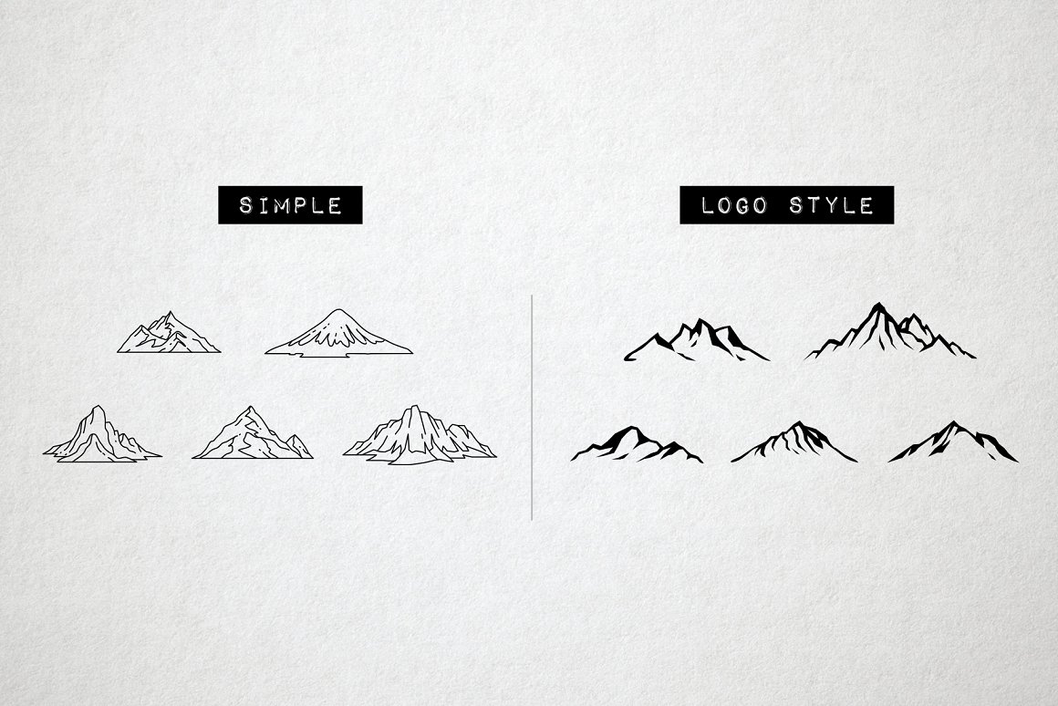 Graphics kit of 5 simple mountain icons and 5 logo style mountain icons on a gray background.