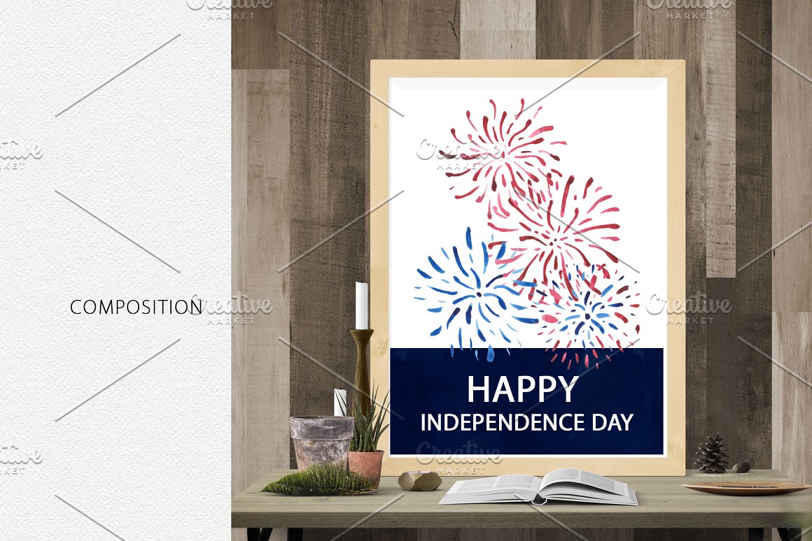 Picture of fireworks on a white background in wooden frame.