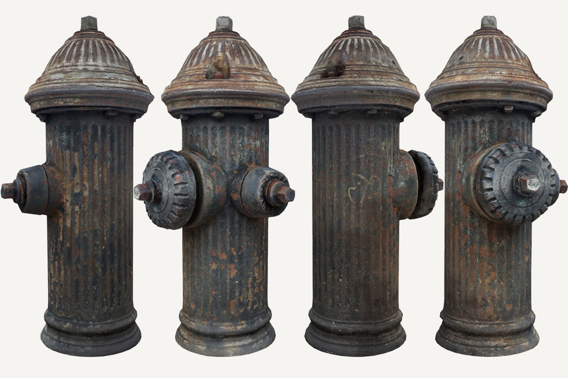 4 fire hydrant mockups in different sides.