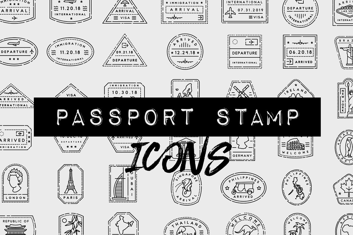 White lettering "Passport Stamp" on a black frame and black lettering "Icons" on a gray background with different black icons.