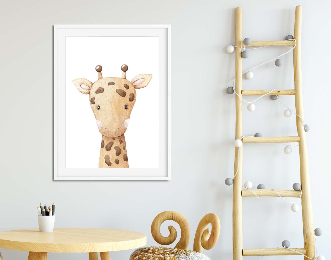 Painting of a giraffe on a white background in white frame on the wall.