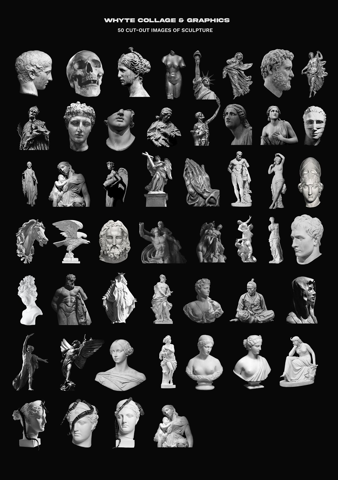 Vintage collection of 50 cut-out images of sculpture on a black background.