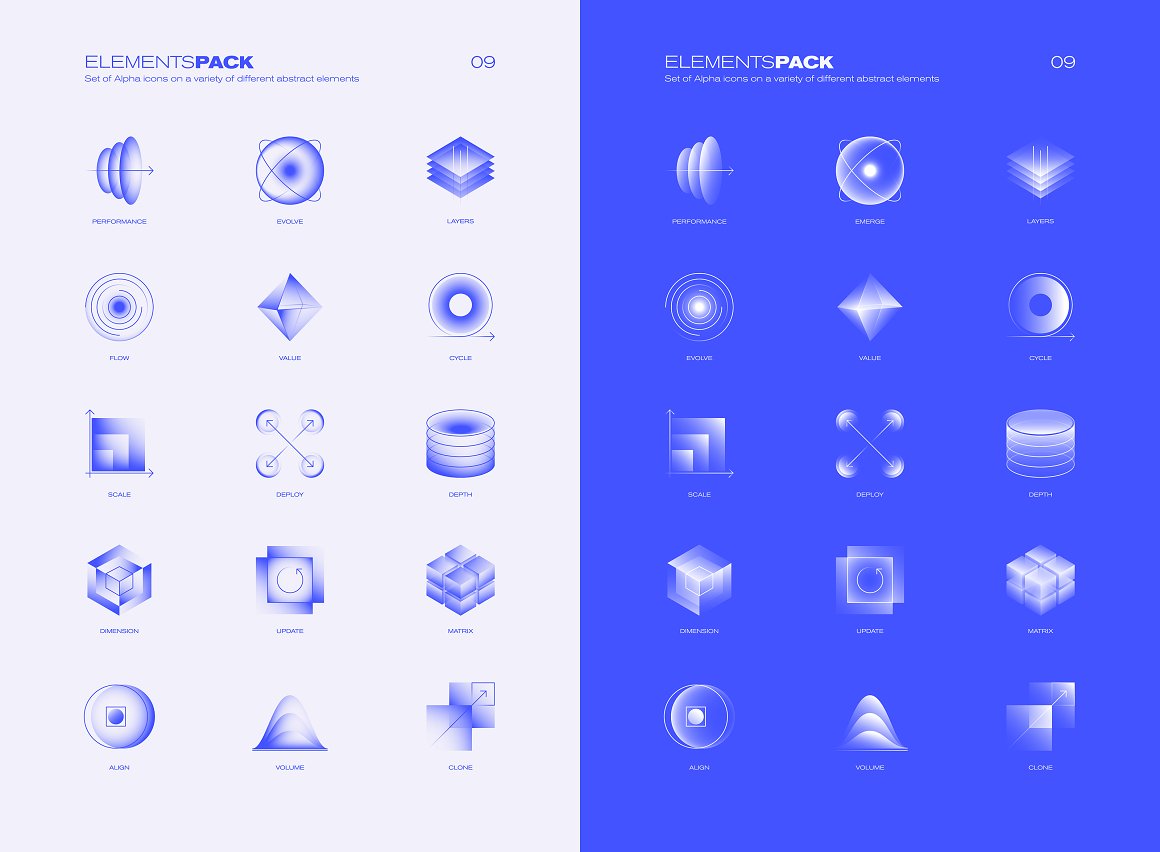 Alpha icons elements pack on a gray and blue backgrounds.