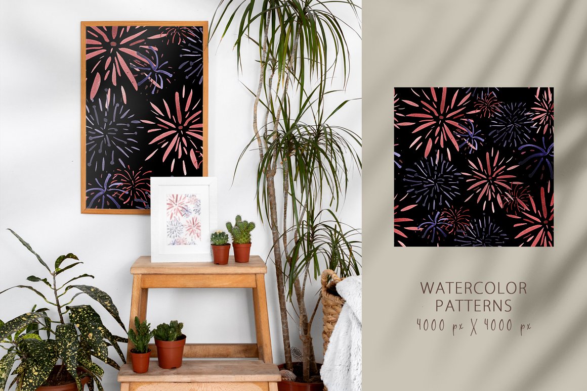 Picture of plants and picture of fireworks on a black background.