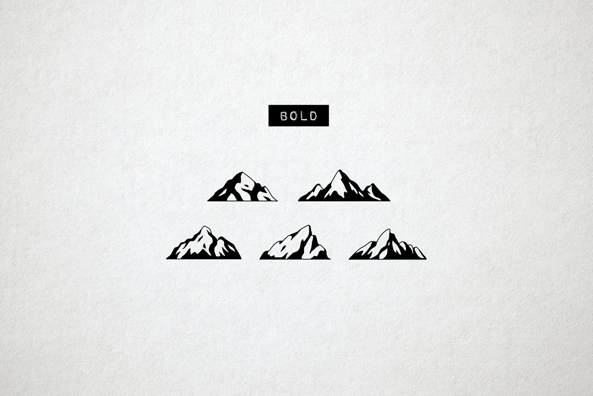 5 different bold mountain icons on a gray background.