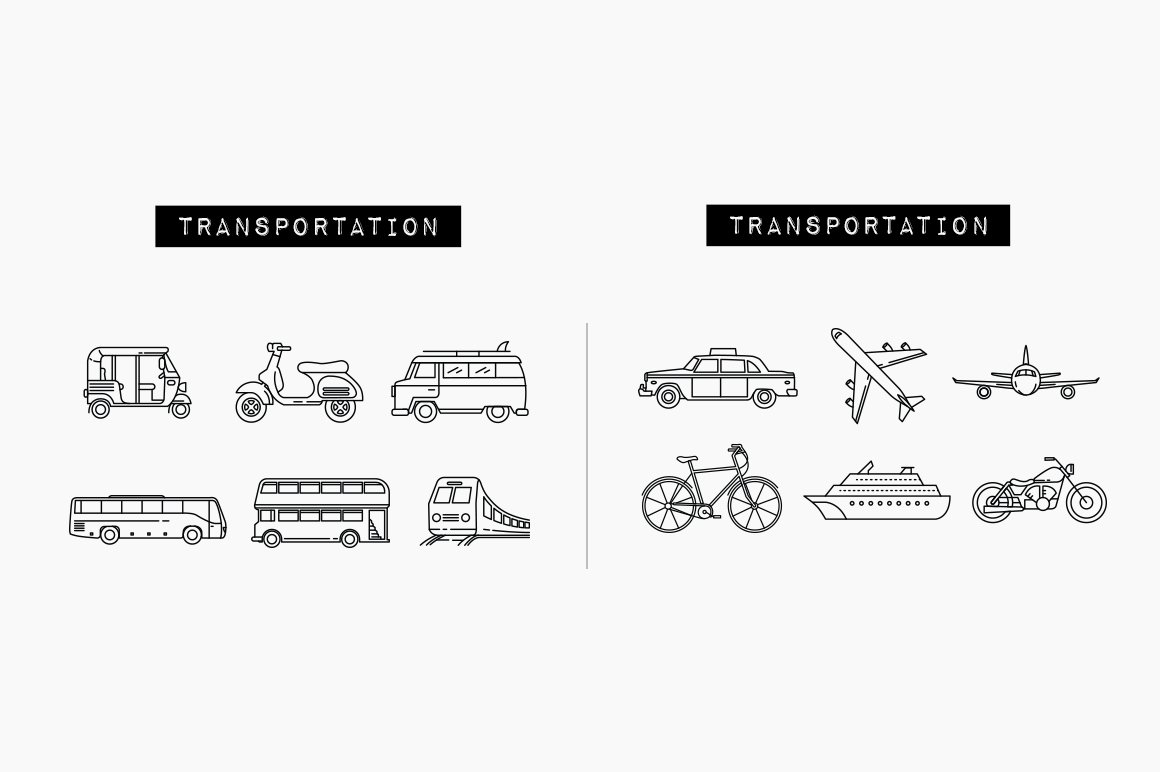 Clipart of 12 black different transportation icons on a gray background.