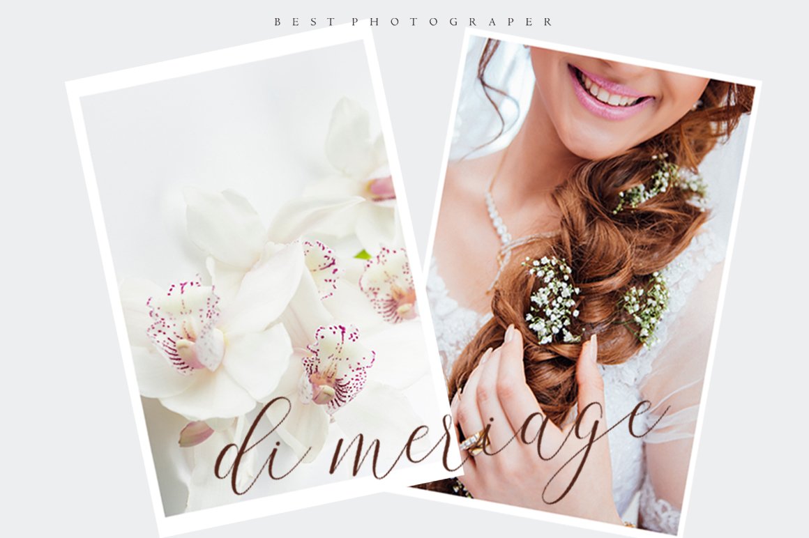 Wedding photos and brown lettering "di meriage".