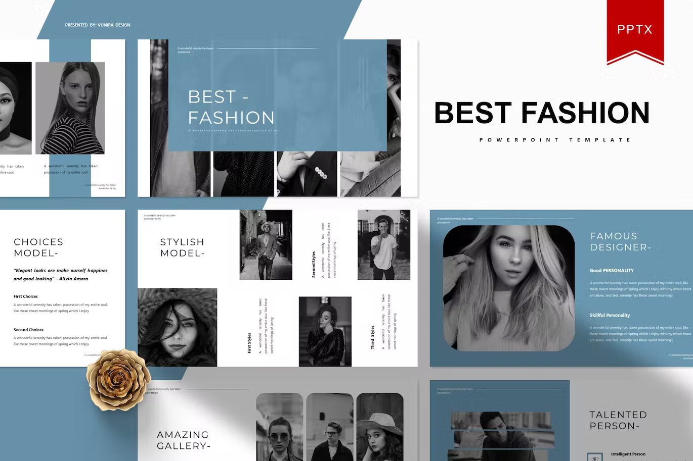 Black lettering "Best Fashion Powerpoint Template" and different templates on a gray background.