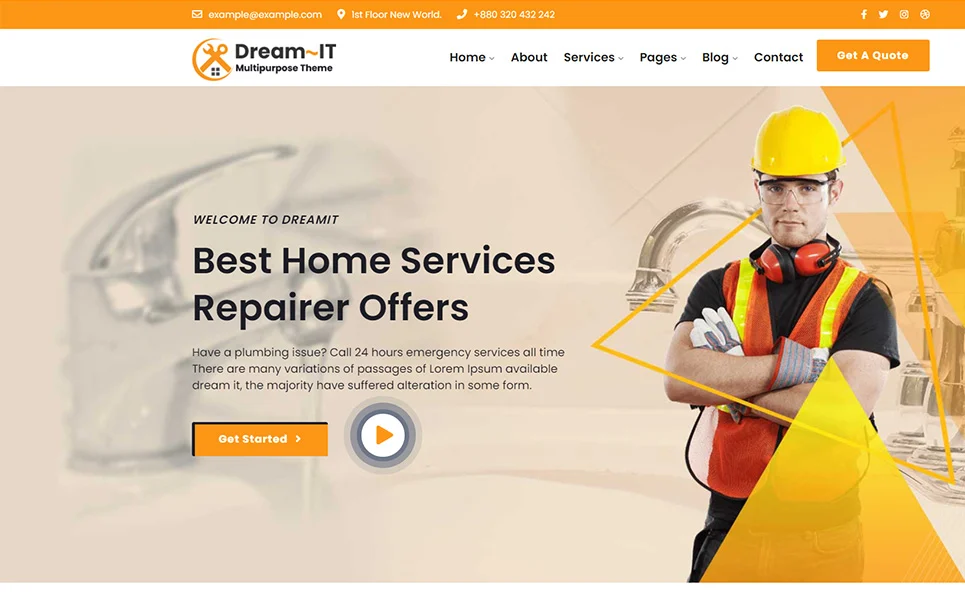 Homepage of dreamit handyman electrician and plumbing repair wordpress theme.