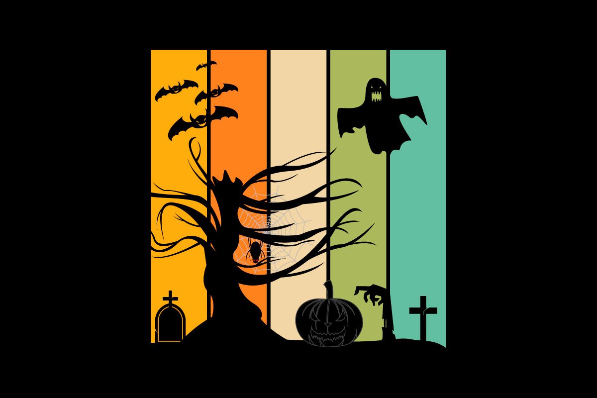 Black background with a colorful cemetery in a Halloween night.